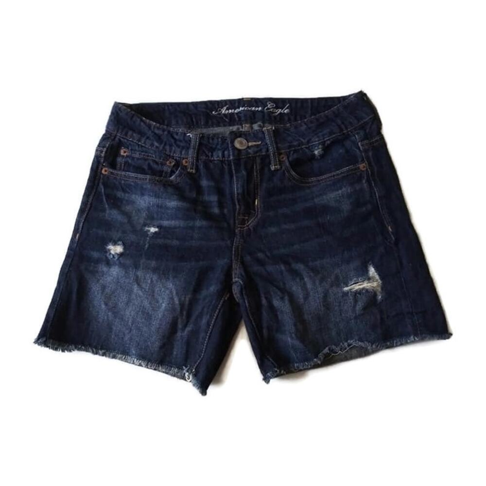 American Eagle Dark Wash Raw Hem Jean Shorts Sz 0